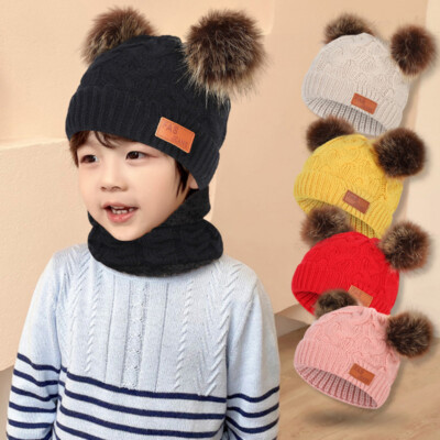 Two Pieces Pompom Hat Scarf Set Beanie Cap Children's Boy Girl
