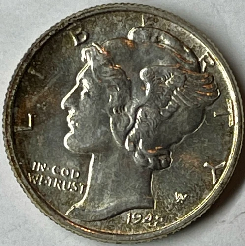 1942-P Mercury Dime Gem UNC Luminous Champagne on Obverse Edge