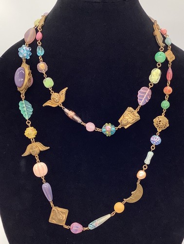 PATRICE European & Asian Colored Glass Brass Chain Art Deco Style 50” Necklace - Picture 8 of 8