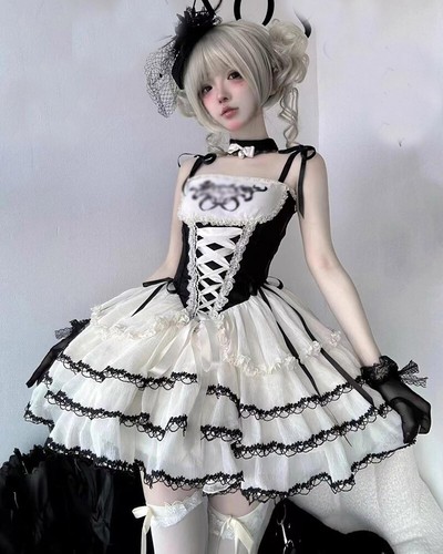 Lolita süßes Mädchen Rüschen A-Linie Kleid Schleife süß japanisch Party Minikleid - Bild 1 von 3