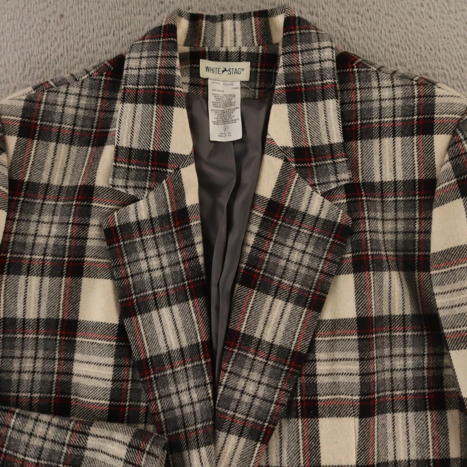 VTG Tweed Jacket Womens 16 Beige Black Red Check Wool Twill Blazer Sport Coat - Image 2 of 4