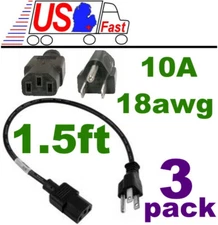Lot3, 3pk 18"in/1.5ft Short Standard Power Cord/Cable/Wire PC/AC/LCD IEC320 C13