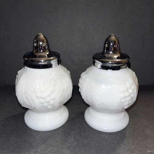 Vintage Imperial 1950's White Milk Glass Bulbous Grape Pattern Salt & Pepper Set