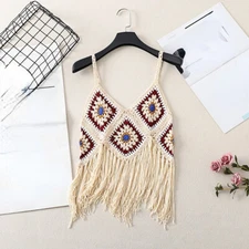 Lady Crochet Camisole Tank Top Vest Color Block Hollow Out Tassel Ethnic Holiday