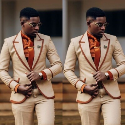 2 Pcs Khaki Men's Suits Wide Peak Lapel Formal Party Groom Wedding Men Blazer