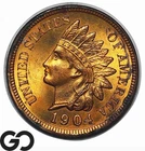 1904 Indian Head Cent Penny, Lustrous Mostly Red Solid Gem BU++