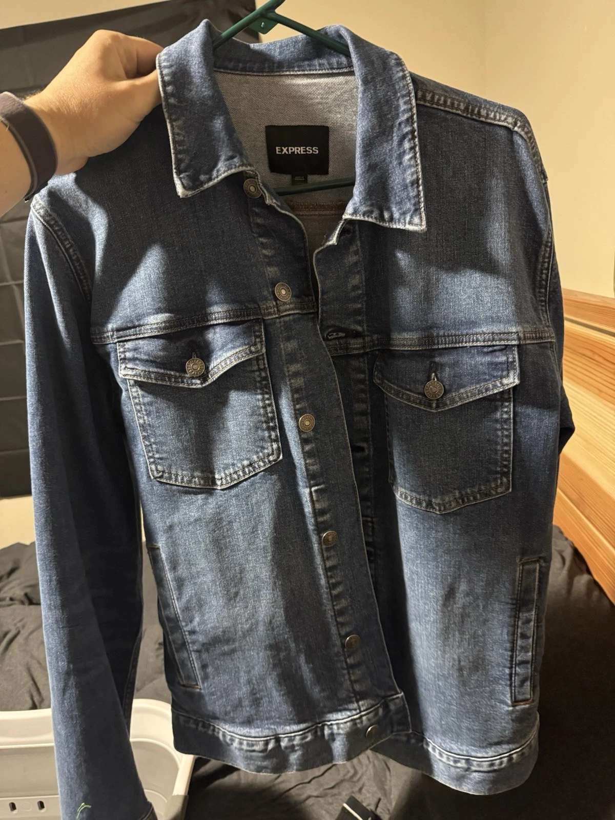 Express Men's Blue Trucker Denim Jean Jacket Size Medium Tall Stretch