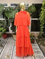 Vintage Miss Elliette Orange Tiered Chiffon Maxi Dress Prom Gown Retro