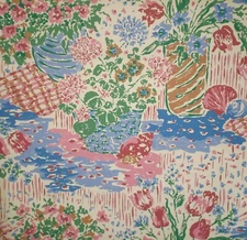 Vintage Large Bright Pink, Brown & Blue Flowers in Pots on Light Beige CB514-03