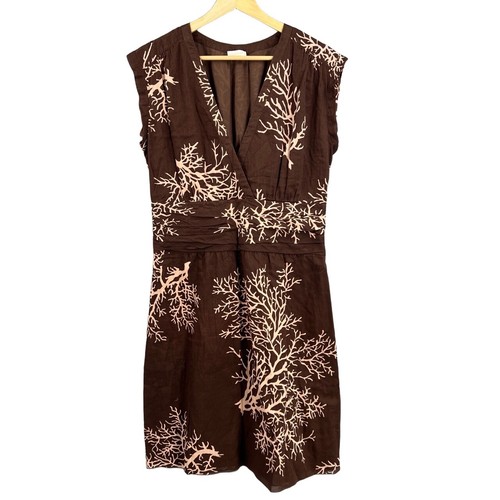 Valentino Dress Brown Coral Print Pleated Waist Vneck Lightweight Summer 46/10