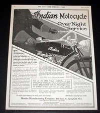 1914 OLD MAGAZINE PRINT AD, INDIAN MOTOCYCE, NOW OFFERING OVENIGHT SERVICE, ART!