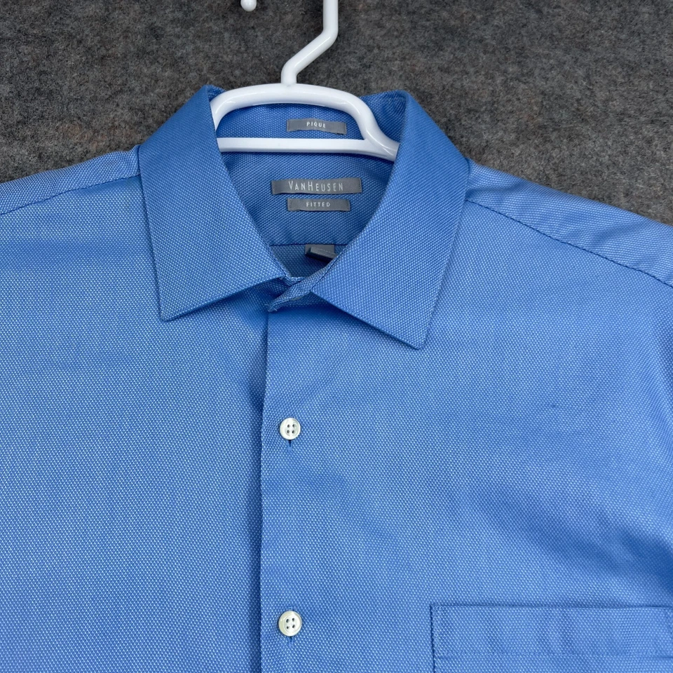 Рубашка мужская Van Heusen на пуговицах 16,5 34/35 синяя приталенная пике с длинным рукавом деловая - Изображение 2 из 4