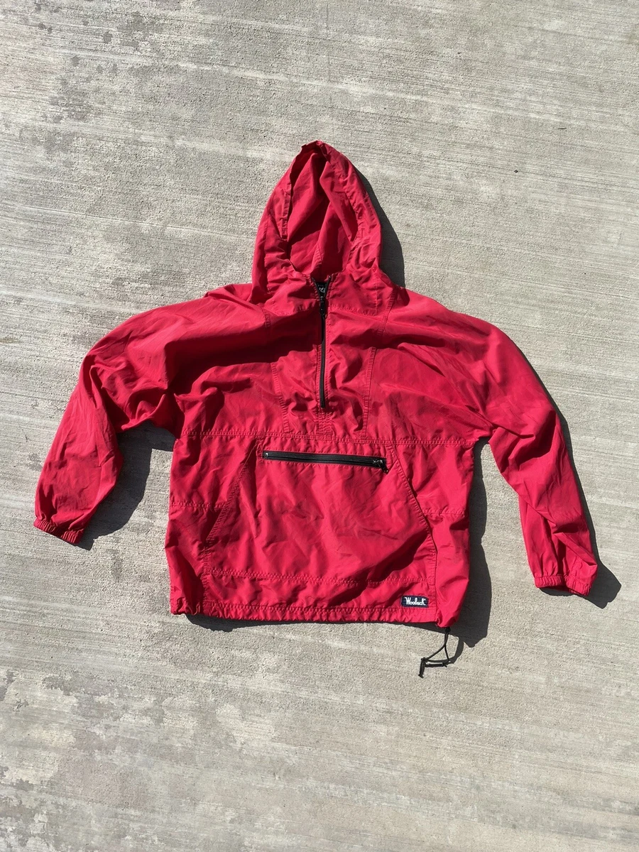 Woolrich Vintage Anorak Jacket Windbreaker Mens Large Red Half Zip Hood