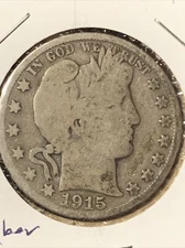 Better 1915-D US Barber 90% Silver Half Dollar Coin L and partial “I,T,Y”
