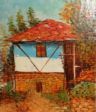 Vintage impressionist oil painting landscape house signed