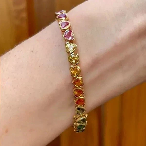 Brazalete arco iris zafiro multicolor corte corazón creado en laboratorio de 20 quilates chapado en oro de 14 quilates Foto 4 de 4