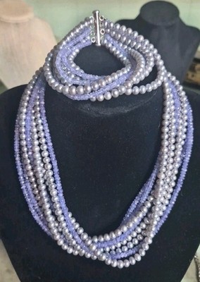 Ross Simons 8 Strand Cultured Pearl & Faceted Tanzanite Necklace & Bracelet .925