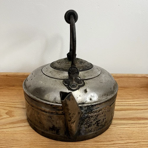 Vintage 10" Diameter Large Metal Aluminum Kettle Wood Handle Primitive Decor - Picture 2 of 14
