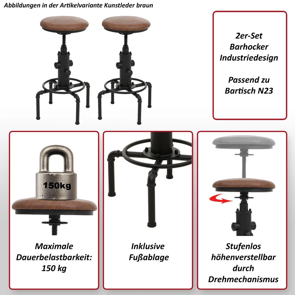 B-Ware 2er-Set Barhocker MCW-N23, drehbar Industrial Metall Kunstleder, braun - Bild 2 von 4