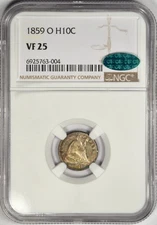 1859-O SEATED HALF DIME ~ NGC VF25 CAC ~ NICE TONING!