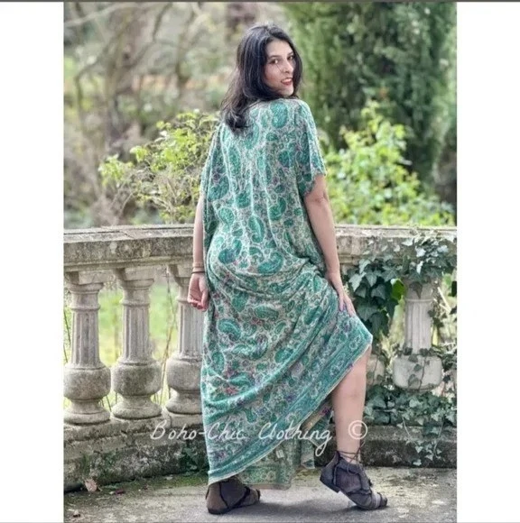 Magnolia Pearl Floral Maxi Dress Relaxed Cotton Jersey Block Print One Size NWT - Image 3 of 4