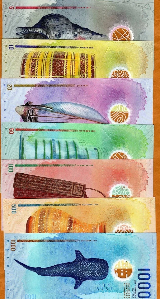 SET Maldivas, 5-10-20-50-100-500-1000 Rufiyaa, 2015-2021, Polímero UNC Foto 2 de 2
