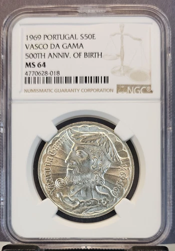 1969 PORTUGAL SILVER 50 ESCUDOS 50E VASCO DA GAMA NGC MS 64 BRIGHT BEAUTIFUL BU