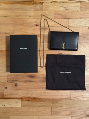 Saint Laurent YSL monogram (gold) chain wallet in glossy smooth (black) leather