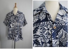 Vintage Andrade Hawaii Men tiki floral blue white cotton shirt navy blue M