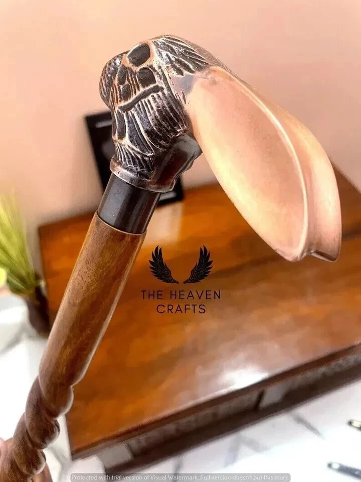 Antiguo bastón de madera de diseñador vintage con mango de cabeza de conejo de cobre nuevo Foto 2 de 4