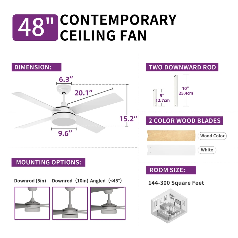 48 Inch Ceiling Fans with Light and Remote Control Dimmable 4 Blades Fan Lamp - Image 4 of 4