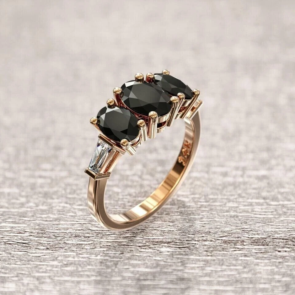 3Ct Oval Lab Created Diamond Three Stone Engagement Ring 14K Yellow Gold Plated - Image 4 of 4