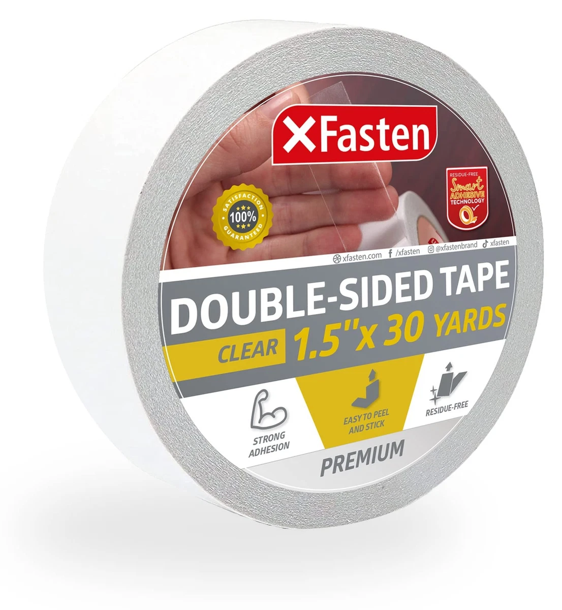 XFasten Double Sided Tape Clear, Removable, 1.5-Inch by 30-Yards, Single  Roll