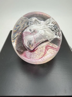 Caithness Moon Crystal Art Glass Paperweight Scotland Pink White 2.5" - Image 1 of 4