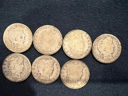 Lot of 7 Barber Quarters 1907, 1909, 1909-D, 1910, 1911, 1911-D, 1914 90% Silver