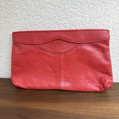 VTG ATONIA Elegant Genuine Leather Red  Simple Classic Sleek Hand Bag  Clutch