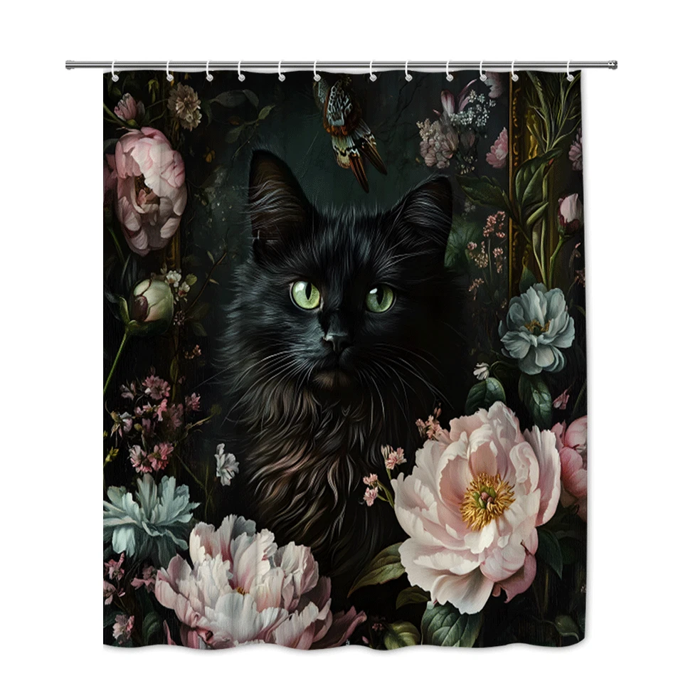 Cortina de Ducha Floral Gato Negro Flor Gótica Diseño Mascota Vintage Foto 4 de 4