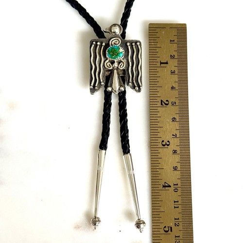 Navajo Thunderbird Bolo Tie Turquoise Sterling Signed Mariano Native American - Picture 4 of 14