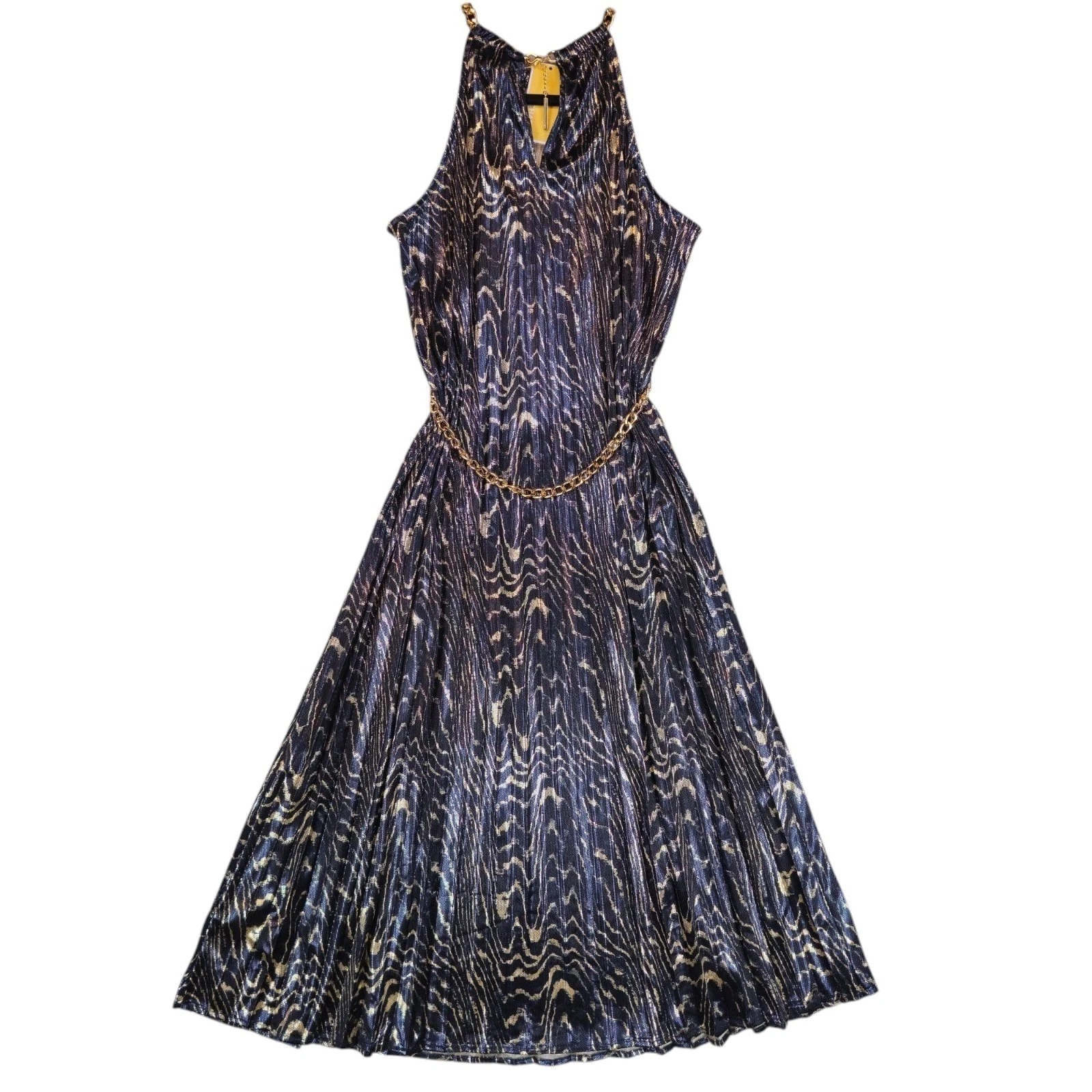 Abito Michael Kors plissettato metallico Halter donna XS nero oro logo catena cintura