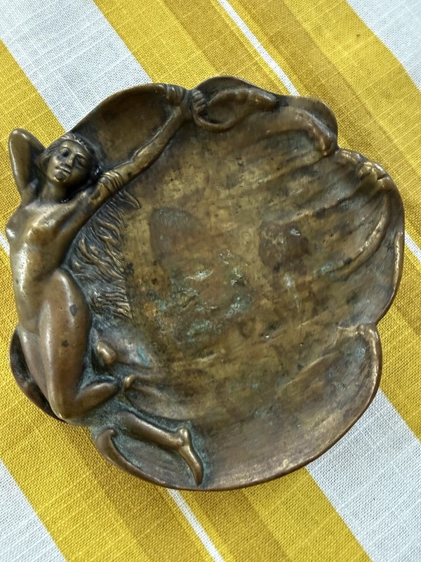 Vintage Bronze Art Nouveau Art Deco Nude Lady In Waves Pin Tray