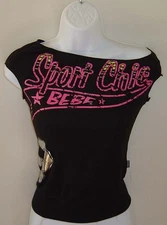 Bebe Sport Chic M Black Graffiti Distressed Asymmetrical Tissue Top T-Shirt New
