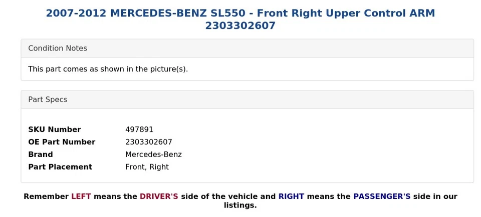 2007-2012 MERCEDES-BENZ SL550 - Front Right Upper Control ARM 2303302607 - Image 4 of 4