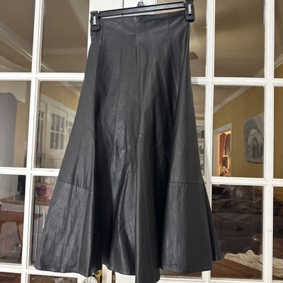 PELLE CUIR Vintage XS Black Leather Midi-Maxi Flared trumpet Skirt Goth Glam 10