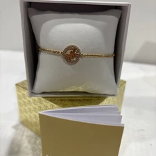Michael Kors Gold Tone Plated Brass MK Logo & Crystal Station Bracelet NWT & Box