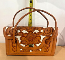 Vintage Tooled Leather Handbag Mexico Floral Carved Brown Purse Boho Retro