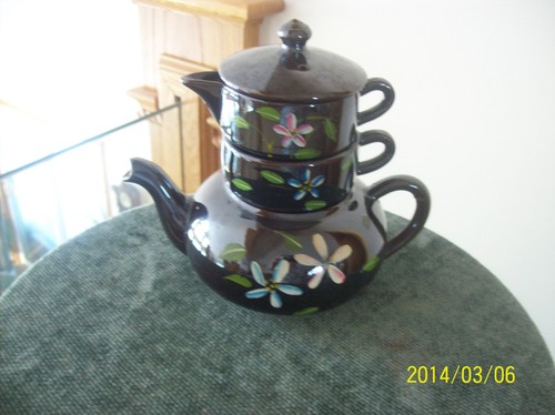 Teapot Stackable Vintage Brown Pottery Porcelain Handpainted Floral Pattern - Picture 7 of 7