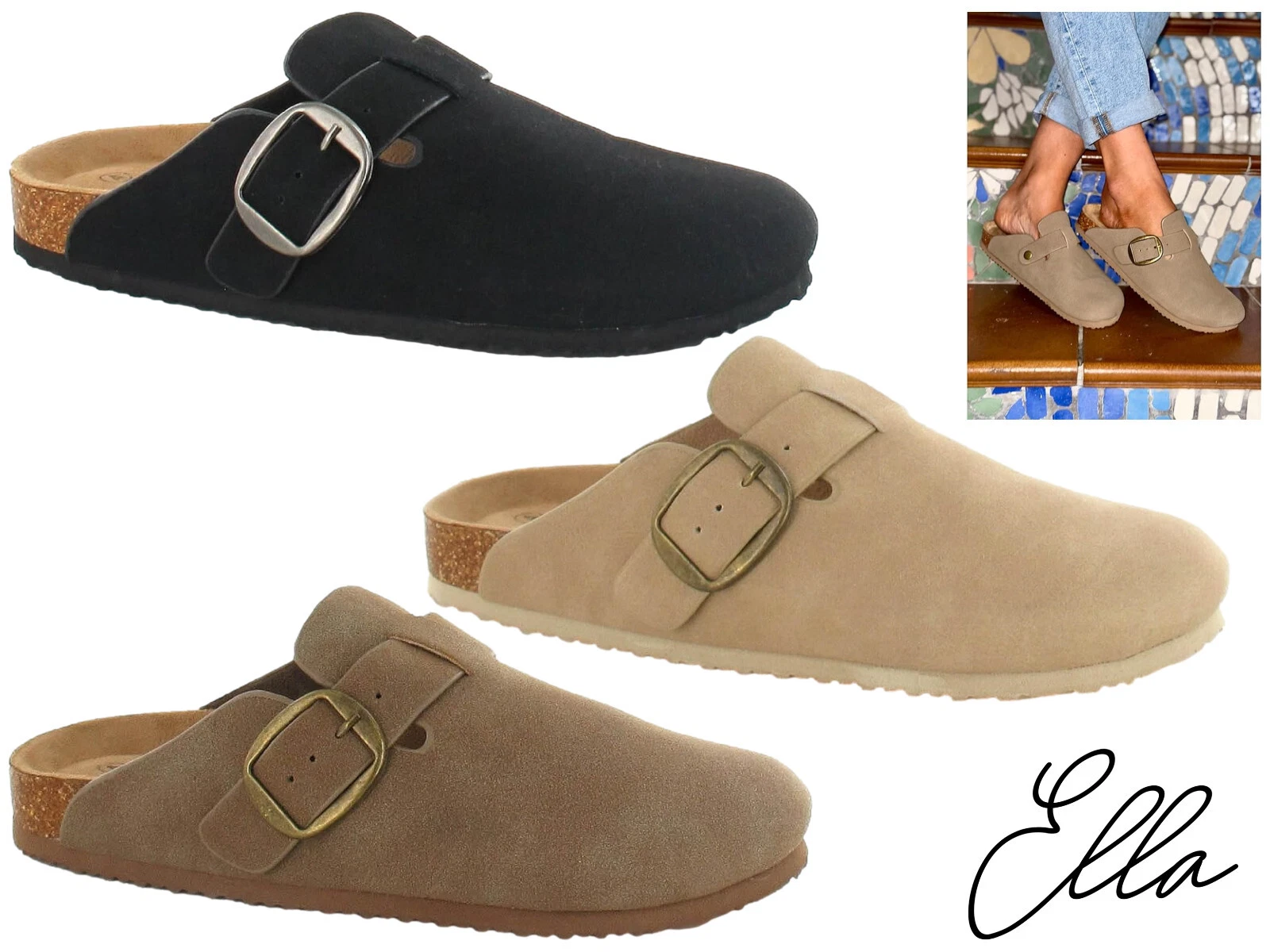 Ella Women's Faux Suede Clogs Adjustable Comfort Footbed Mule Sandals Alice