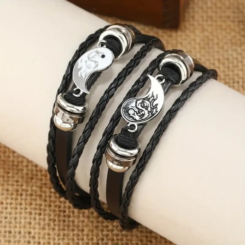 PU Leather Bracelet Braided Yin Yang Style Jewelry 2pcs Set BLACK Wristband - Picture 2 of 7