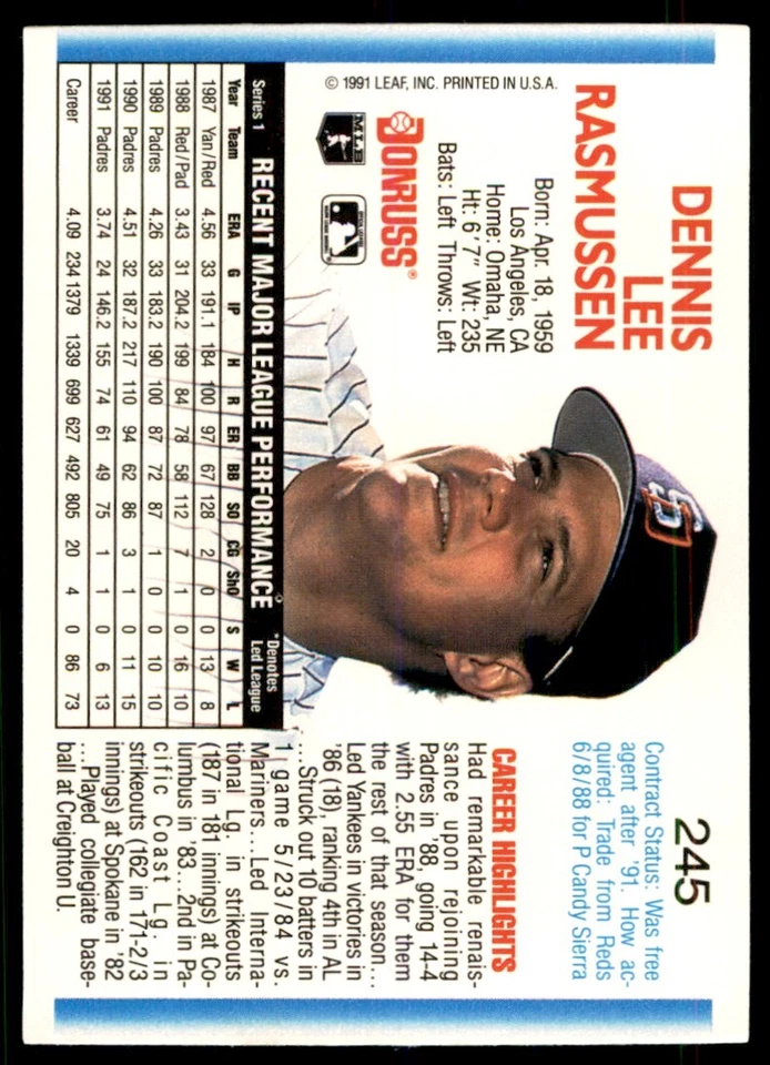 1992 Donruss Dennis Rasmussen San Diego Padres #245 - Image 2 of 2