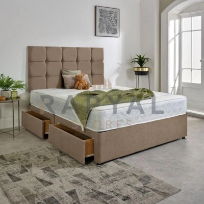 CHEAPBEDSALE LUXURY FABRIC DIVAN BED SET WITH MATTRESS & HEADBOARD 3FT 4FT6 DOUBLE 5FT KING